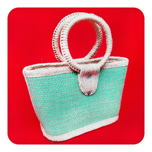 Imagen 2 de 4 de Bolsa Artesanal De Palma Natural Color Turquesa 35x31 Cm Bls