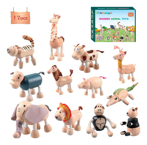 12pcs Juguetes De Animales De Madera Flexibles, Figuras De J