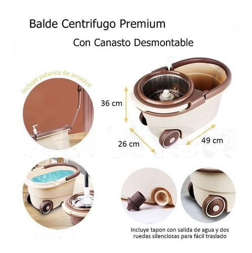 Imagen 3 de 5 de Balde Lampazo Premium Desmontable 3 Mopas Palo Largo 146 Cm