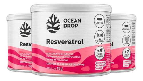 Kit 3 Resveratrol Trans Resveratrol 500mg 30 Caps Ocean Drop Sabor Sem Sabor