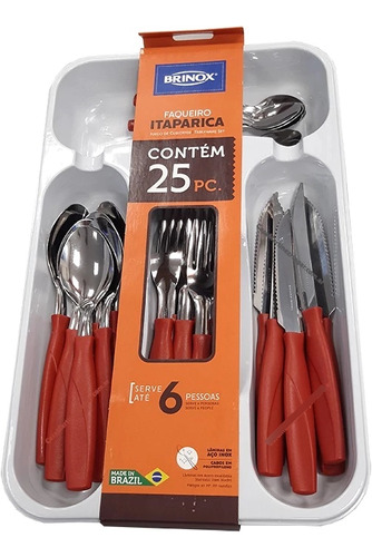 Set De Cubiertos 25pzs Brinox Acero Inox Mango Rojo