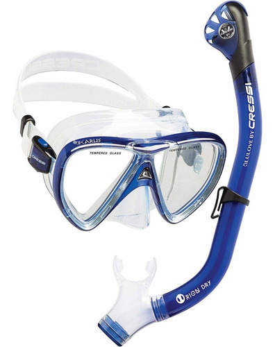 Combo Cressi Ikarus & Orion Dry Para Snorkeling Y Buceo Color Azul