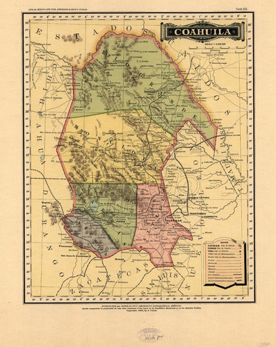 Lienzo Tela Canvas Atlas Mapa Estado De Coahuila 1885 100x80