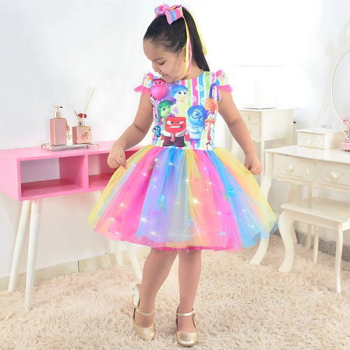 Vestido Divertida Mente 2 Saia Tutu Colorido Com Led