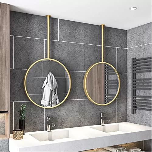 Espejos de pared para baño, espejo de baño redondo, espejo suspendido con  marco de metal y brazo montado en el techo Espejos colgantes verticales de