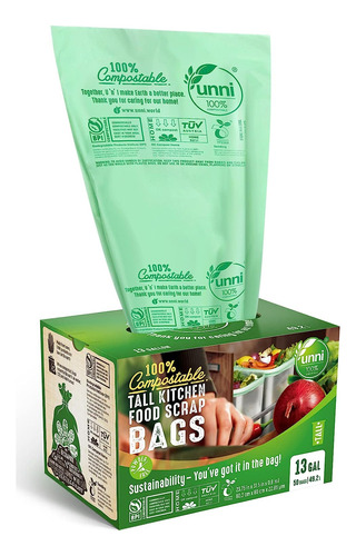 Unni 100% Bolsas Compostables, 13 Galones, 49.2 Litros, 50 R