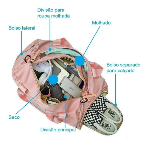 Bolsa Feminina Mala Pink Academia Fitness Transversal Casual Cor Rosa-claro Desenho do tecido Liso