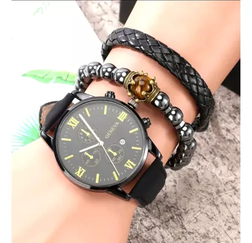 Reloj Hombre Negro Gris Acero Inoxidable Elegante + Pulseras