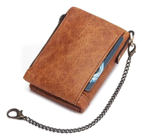 Cartera De Cuero Genuino Para Hombre Con Cadena Antirrobo