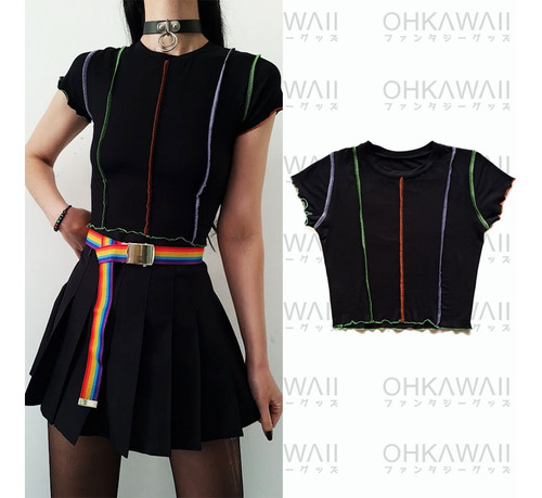 Remera Crop Costuras Rainbow Algodon Aesthetic Kawaii