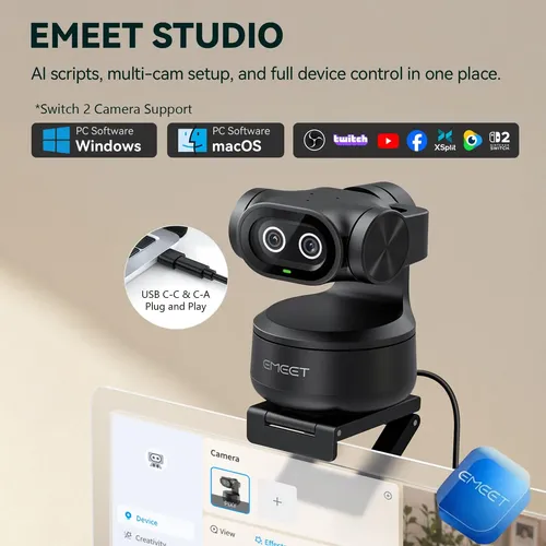 Webcam Emeet Pixy 4k Com Ia, Rastreamento Ptz E 3 Microfones