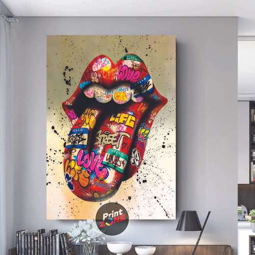 Cuadro Lengua Rolling Stones Graffiti Canvas Grueso 60x40 Color Multicolor