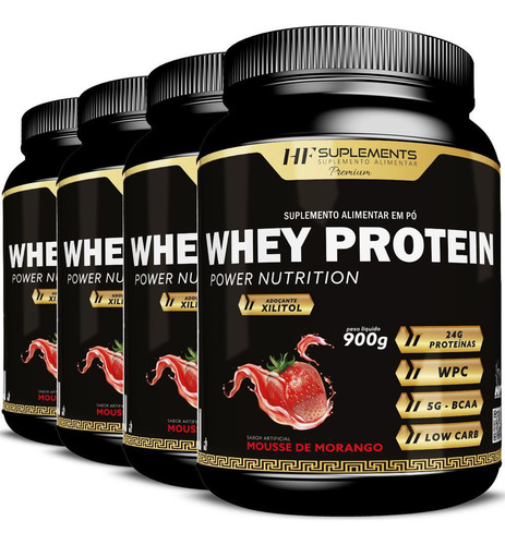 Kit 4x Whey Protein Power Nutrition Mousse De Morango 900g