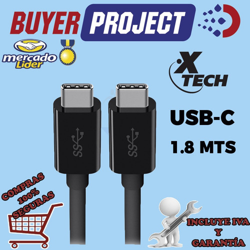 Imagen 2 de 4 de Cable De Datos Y Carga Xtech Usb-c A Usb-c Negro 1.8 Metros