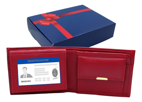 Cartera Con Monedero Hombre Piel Genuina Billetera  Rojo