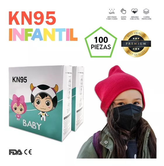 100 Cubrebocas Kn95 Infantil Niño / Niña Color Negro Mascara