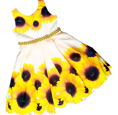 Vestido Rotondo Para Niñas De Girasoles Y Mariposas