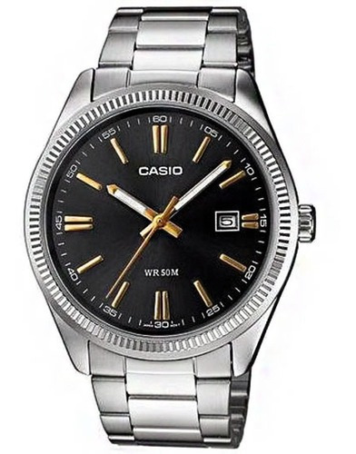 Reloj Casio Mtp-1302d-1a2 Para Caballero Plateado/ Negro/oro Color de la correa Plateado Color del bisel Plateado Color del fondo Negro