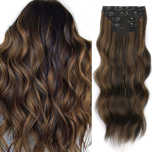 4 Piezas Extensiones Clip Cabello Mechas Marrón Para Mujeres