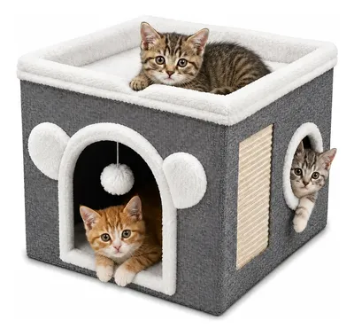 Casinha Dobrável Para Gatos 2 Andares Com Arranhador Sisal Cinza