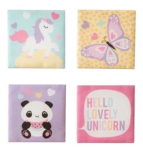 Juego De 4 Cuadros Decorativos Magic Para Niña Unicornio Mariposa Panda Vianney Color Multicolor