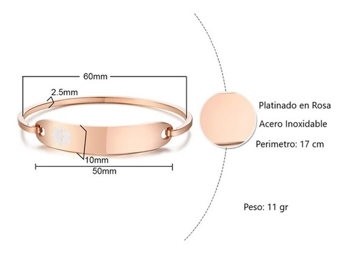 Imagen 2 de 3 de Pulsera Acero Oro Rosa Alerta Médica Grabado Incluido M1082