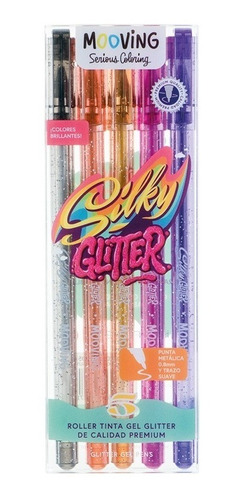 Estuche X5 Bolígrafos Rollers Tinta Mooving Silky Glitter