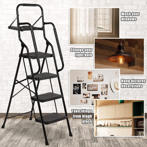 Escalera De 4 Escalones Con Pasamanos, Taburete Plegable Con