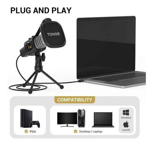 Imagen 2 de 6 de Micrófono Tonor Usb Condensador Con Filtro Pop Y Trípode