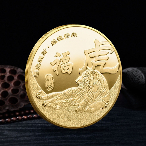 Moneda Feng Shui Del Tigre Abundancia, Enchapada En Oro 40mm