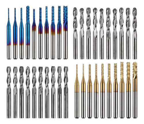 Genmitsu - Juego De 40 Brocas De Fresado Cnc, Vástago De 1/8 Pulgadas, Juego De Brocas De Tallado Que Incluye Punta Plana De 2 Flautas Y Nariz De Bola, Capa Azul Nano Y Capa De Titanio, Mc40a