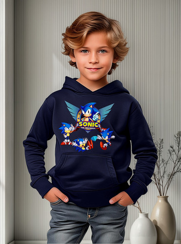 Poleron Con Capucha Y Bolsillo Niño Sonic Figuras Exclusivo