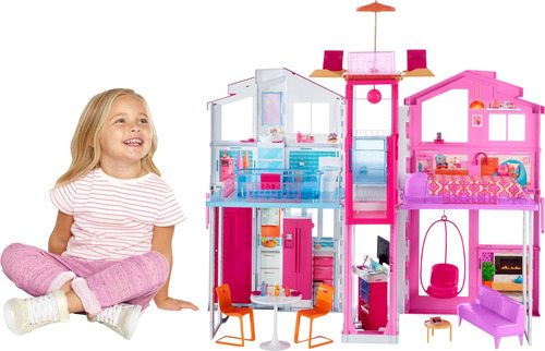 Casa De Barbie De 3 Pisos Con Sombrilla Emergente, Multicolo