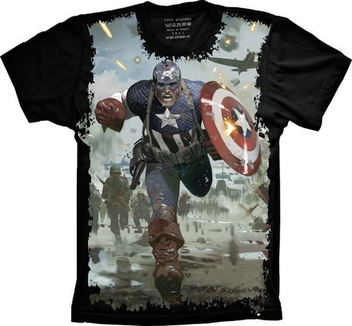 Camiseta Unissex Preta Super Herói Capitão América Plus Size