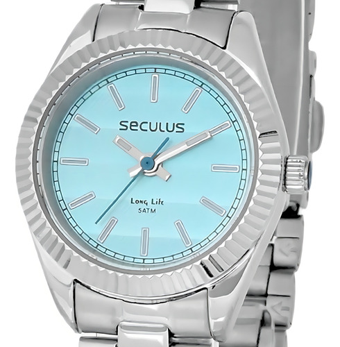 Relógio Seculus Feminino Riviera Prateado Social Long Life Correia Prateada Bisel Prateado Fundo azul celeste