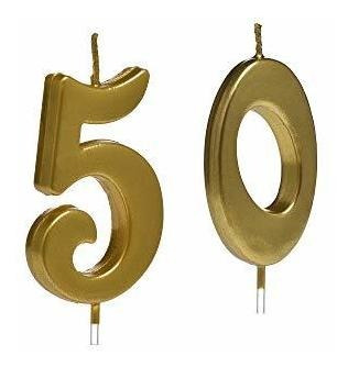 Velas Doradas 50 Cumpleaños, Topper N° 50 Para Pastel.