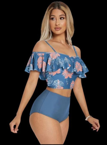 Traje De Baño Halter Con Volantes Y Estampado De Bikini Para