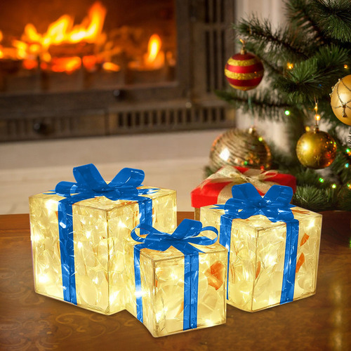 Caja De Regalo De 3 Piezas Con Luces Led, Decoración Navideñ