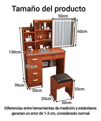 Tocador Madera Moderno Con Espejo Led Cajon Incluye Taburet Color Madera Oscura