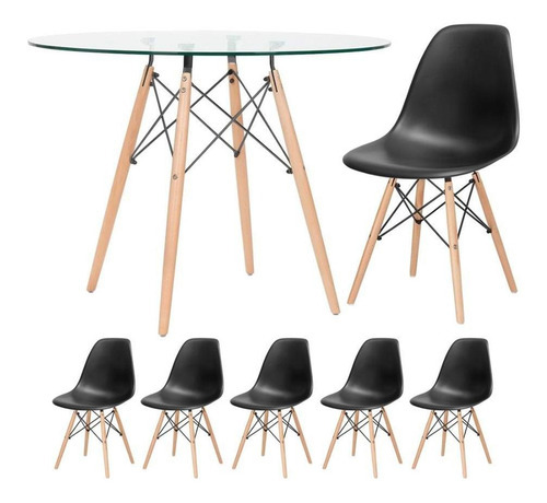 Kit - Mesa Eames Tampo Vidro 100 Cm + 5 Cadeiras Eiffel Dsw Cor Preto