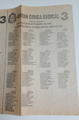Boleta Electoral 1991 Unión Cívica Radical De La Rúa 8/9 (Usado)