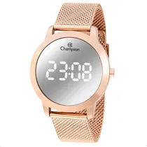 Comprar Relógio de pulso Champion CH40106P com corpo ouro rosa, digital, para feminino, fundo prateado, com correia de aço ouro rosa, subdials branco, ponteiro de minutos branco, bisel ouro rosa