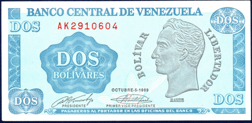 Billete 2 Bolívares Ak7 Oct 05 1989 Simón Bolívar Tinoquito