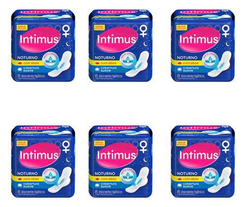 KIT com 6 Absorventes Intimus Noturno Cobertura Extra Suave Com Abas Pacote c/ 8 unidades
