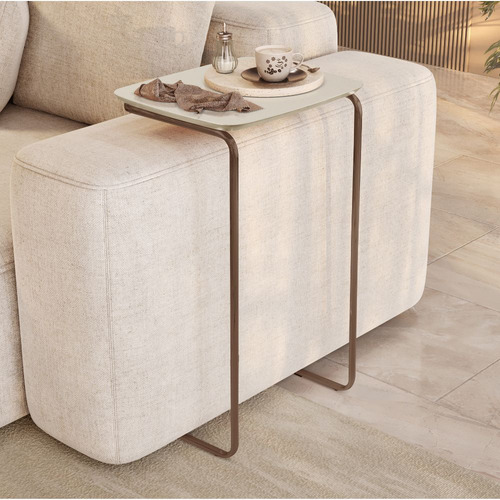 Mesa Ultraflex Lateral Aproximação Sofá Off White Base Café Cor Tampo Off White Base Café
