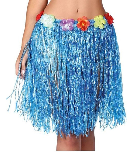 1 Pollera Hawaiana Hula Con Flores 40cm Disfraz Carnaval 