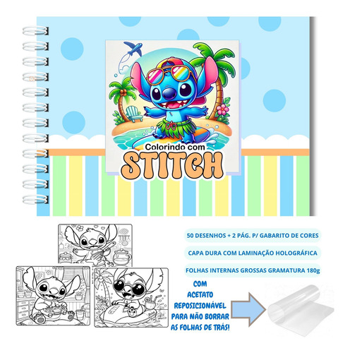 Livro De Colorir Stitch Estilo Bobbie Goods A5 Capa Dura Com Brilho Holográfico Folhas Grossas 180g Para Colorir Com Lapis Ou Canetinhas Touch