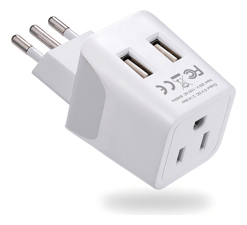 Ceptics Italia, Chile, Uruguay Adaptador De Viaje Enchufe - Tipo L - Entrada Ee. Uu. - Usb Dual - Perfecto Para Teléfonos Celulares, Computadoras Portátiles, Cargadores De Cámara (ctu-12a)