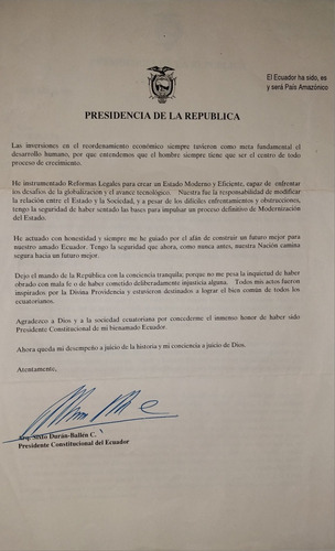 Carta De Colección Firmada Por Presidente Sixto Duran Ballen