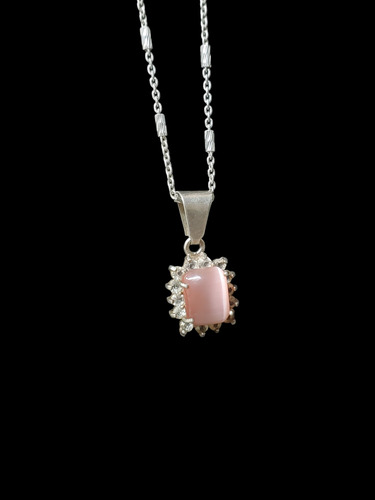 Dije Y Cadena De Plata Ley 925 Con Piedra Ágata Rosa Plateado (Usado)